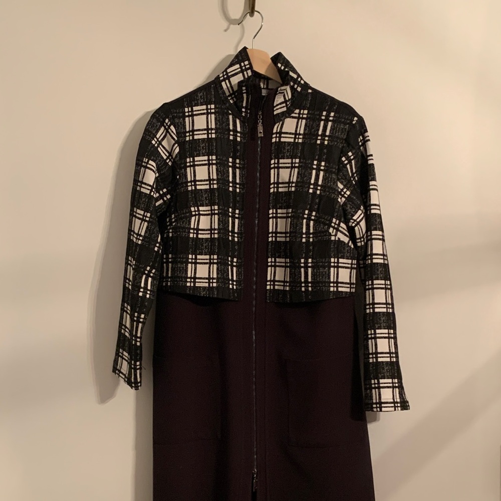 Naya Black and White Plaid Jacket with Purple Dress